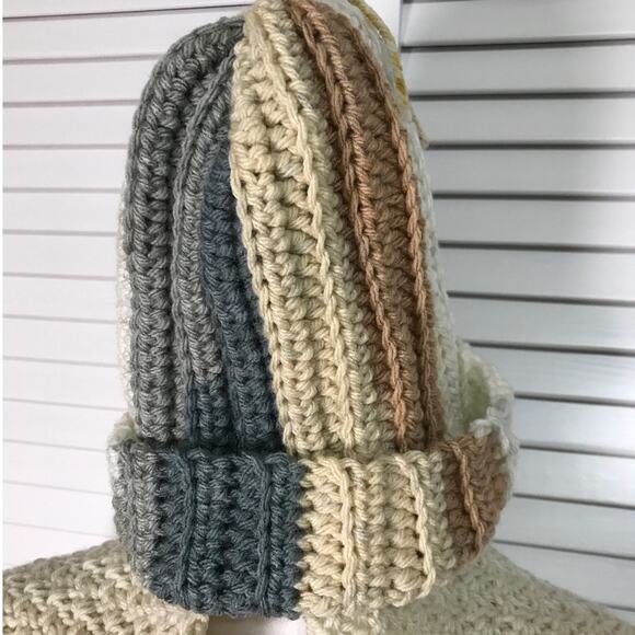 NWT Handmade Crocheted Beige Multicolor Textured Beanie & Scarf 66” - Picture 2 of 3